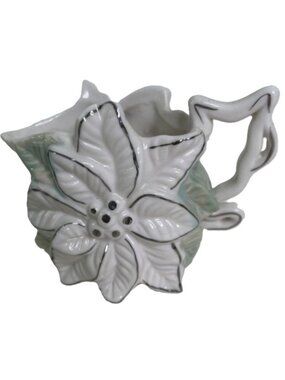 Poinsettia Creamer Cream Pitcher White Vintage Ceramic 4" Green Silver Trim Xmas